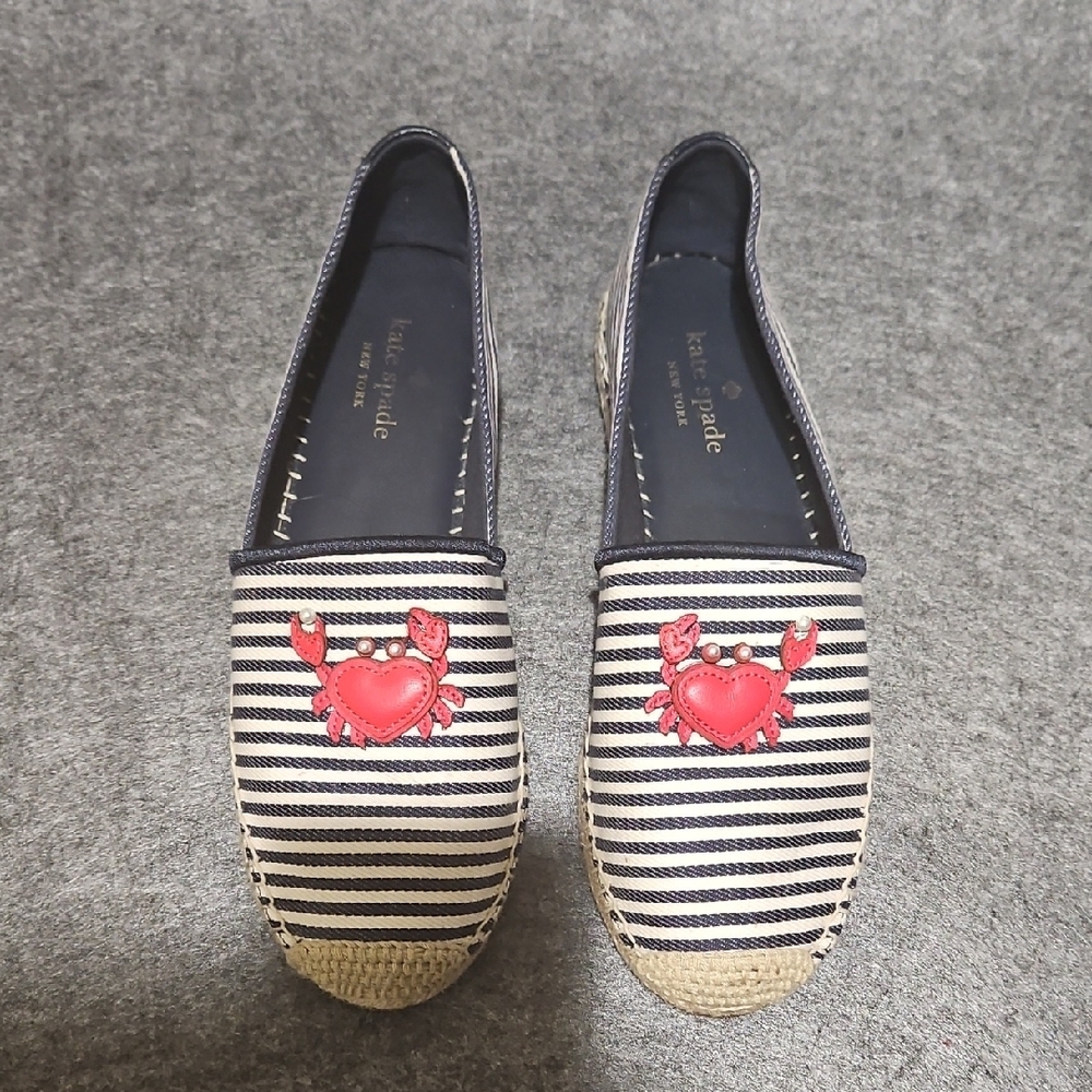 Kate Spade Laguna Striped Espadrilles 9.5 Navy Blue White Crab Pearl Flat Shoe - Picture 2 of 11